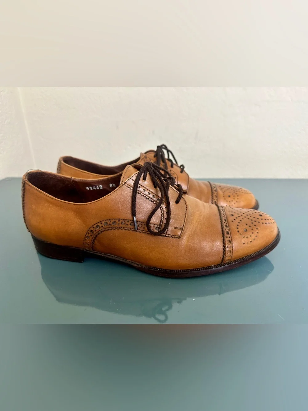 VTG Brassboot Mens Oxford Sz 8.5 D Tan Leather Cap Toe Brogue Italy Dress Shoes